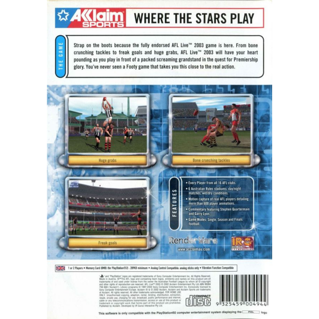 AFL Live 2003 back cover