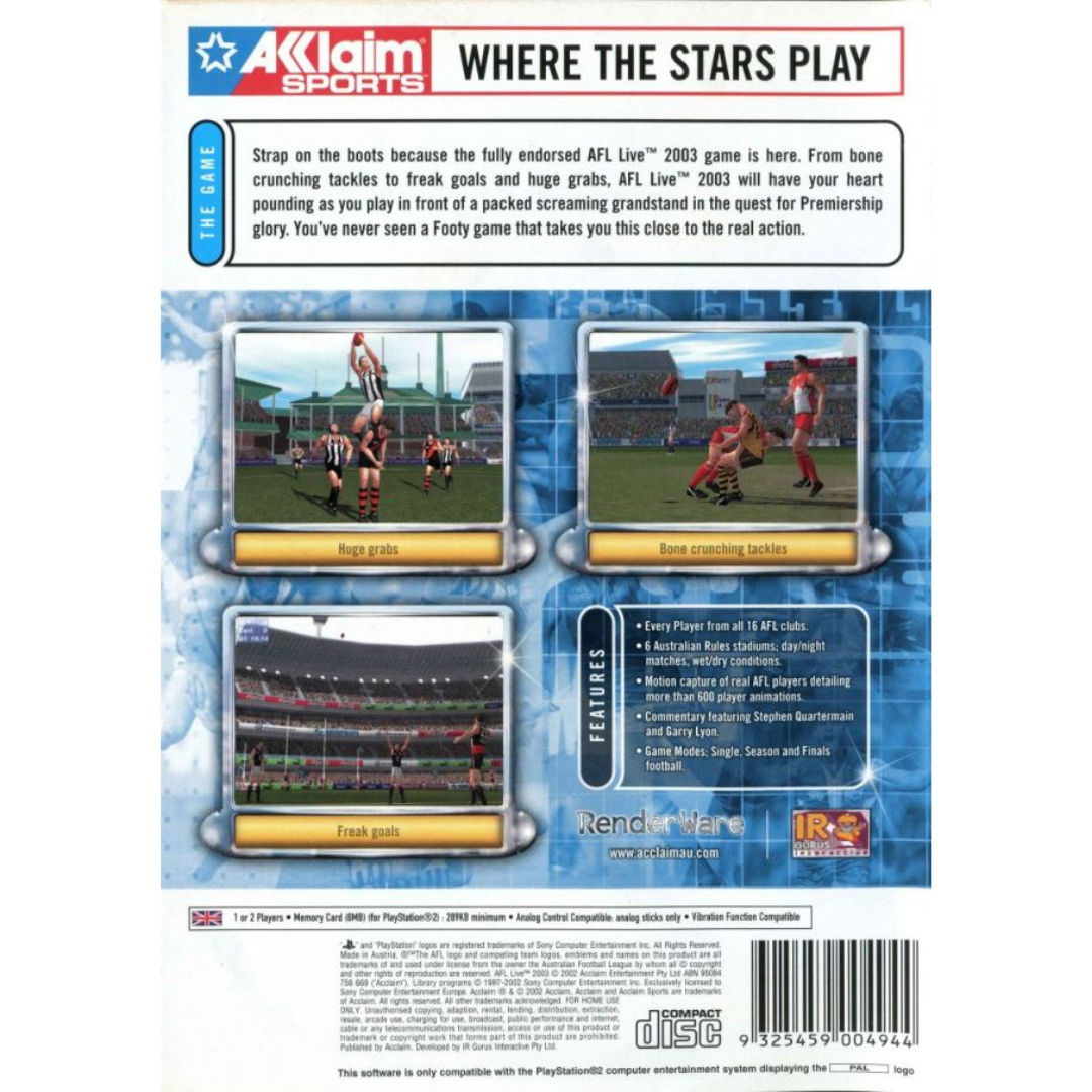 AFL Live 2003 back cover