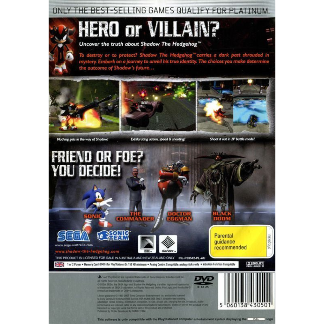 Shadow the Hedgehog (Platinum) back cover